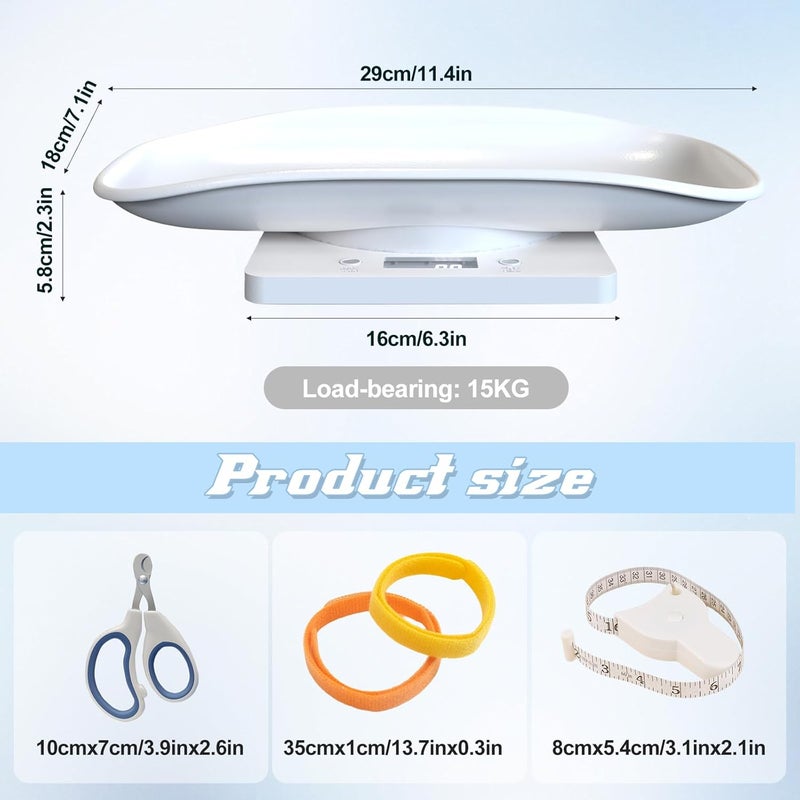 Kytree Digital Pet Scale for Small Animal, LED Display Puppy Whelping Scale with Tape Measure, Collar, Scissors for Newborn Pets, Cats, Dogs, Animals, Measures Up to 15kg, 11.4 * 7.1" (White) - Image 2